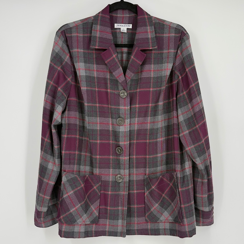 Pendleton Women Purple Plaid 100% Virgin Wool Button Front‎ Chore Jacket Size L